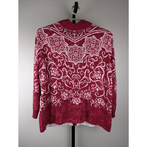 Bob Mackie Wearable Art Zip Front Cardigan Sweater Burgundy Pattern - Picture 2 of 6